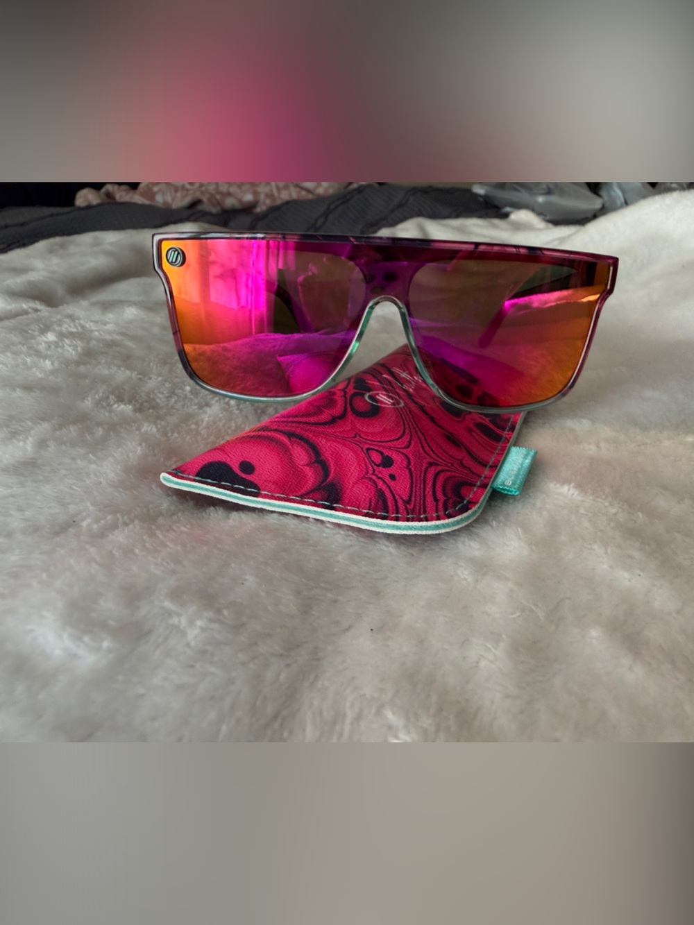 Women's Pink Mirrored Shield Sunglasses with Patterned Soft Case